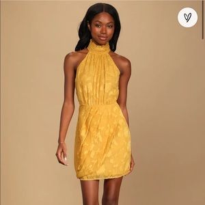 Lulus Yellow Floral Jacquard Halter Mini Dress